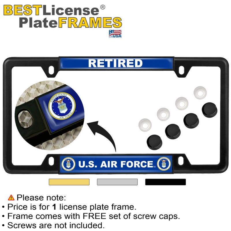 BestLicensePlateFrames [Officially Licensed Product] - USAF - U.S. Air Force Retired - Domed Custom-Made Personalized Narrow (Thin) Top 4 Hole Metal Car License Plate Frame with Free caps - Black Frame (Qty: 1) - Image 2